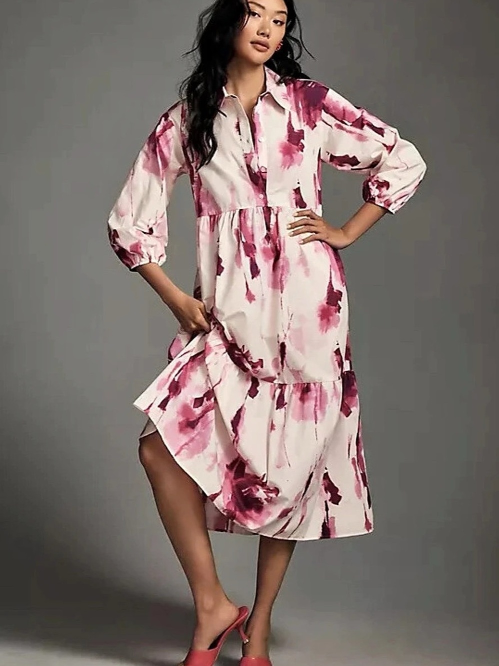 Maeve Abstract Midi Dress in Pink & White Like New